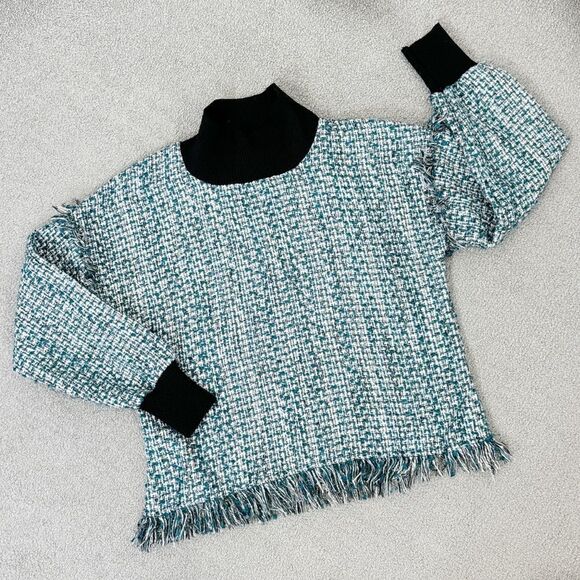 Zara Tweed Fringe Hem Mock Neck Shirt Teal White Large Crop - Picture 12 of 12